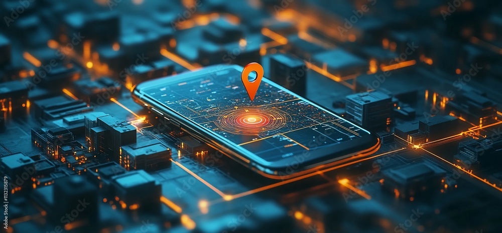 Poster a smartphone displaying a location pin over a digital cityscape.