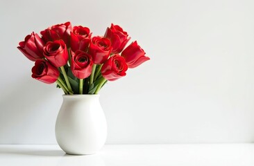 Romantic bouquet of red roses in a vase on a light background. Space for text. Ideal for advertising flower shop delivery, congratulations