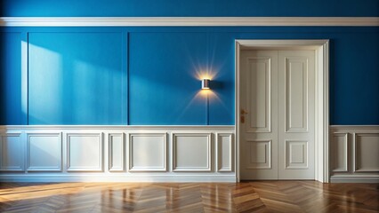 Fototapeta premium Minimalist Interior, White Door, Blue Wall, Wainscoting, Wooden Floor - AI Photo