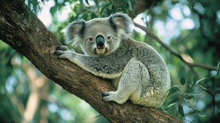 Obraz premium A cute koala comfortably perched on a sturdy tree branch amidst the verdant beauty of Australia. Its fluffy fur blends harmoniously with the leaves during a warm sunny day in the wilderness