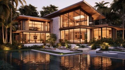 Obraz premium Modern Tropical House With Infinity Pool At Dusk