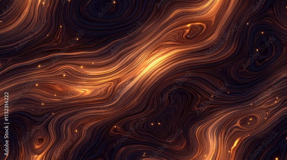 Poster abstract swirling patterns with warm hues and glowing elements, creating a dynamic visual effect.
