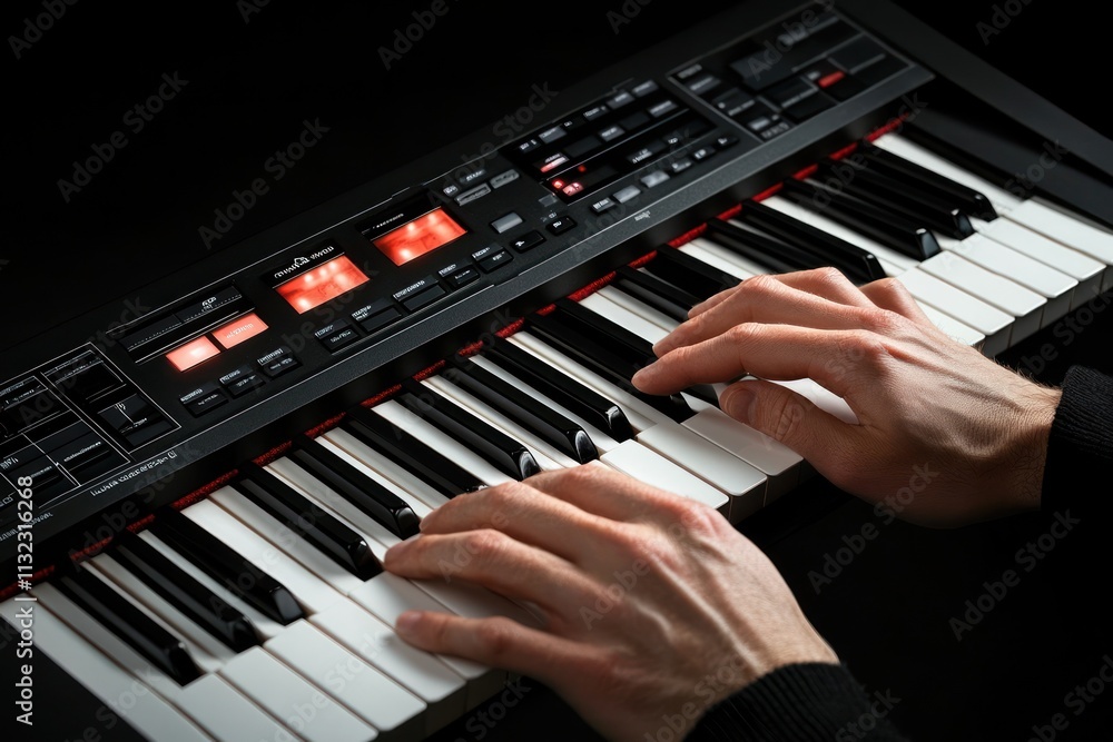 Poster Close-up of hands playing a digital piano keyboard with illuminated controls.
