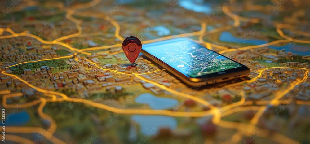 Poster a smartphone rests on a detailed map with a location pin icon.