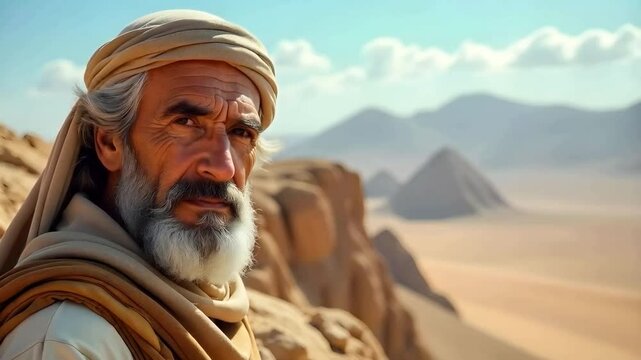 Moses on top of Mount Sinai, where he received the Ten Commandments from God with copy space
