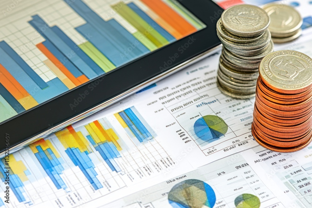 Poster Tablet displaying bar and pie charts alongside stacks of coins on financial reports.