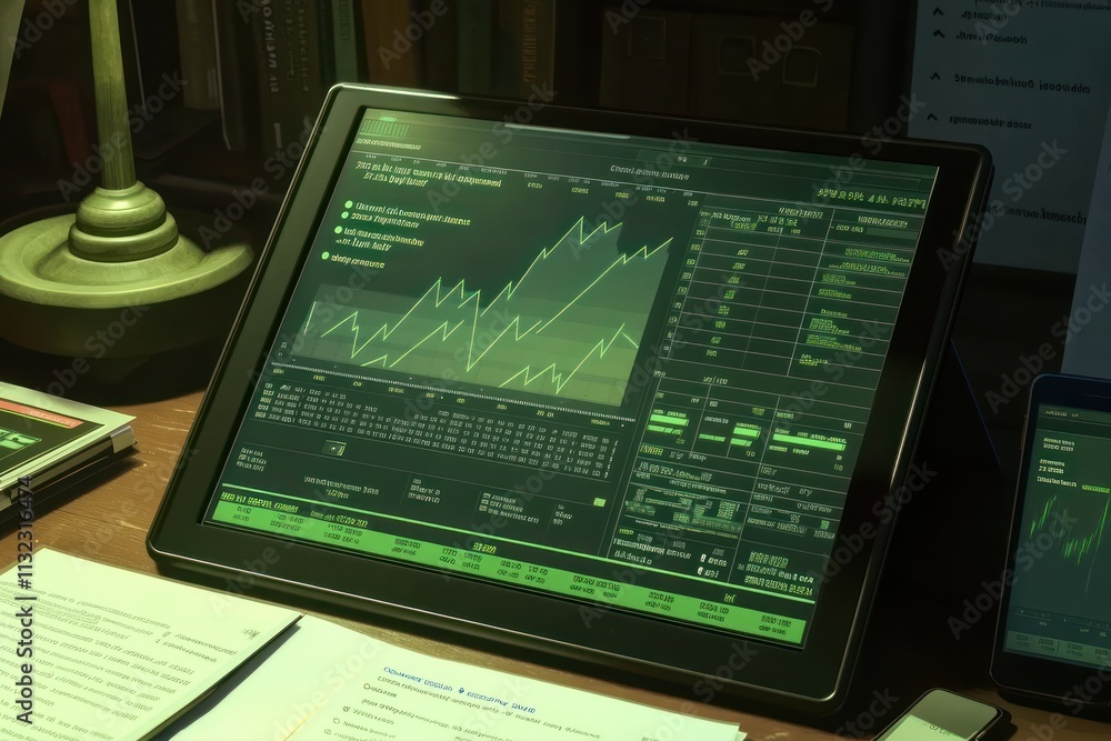 Poster tablet displaying stock market data on a desk.