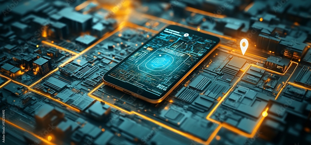 Poster a smartphone on a digital cityscape background showcasing technology and mapping.