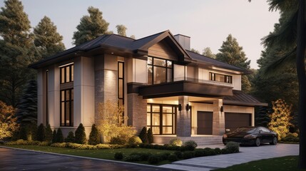 Modern Luxury Home Evening Illumination Forest Setting