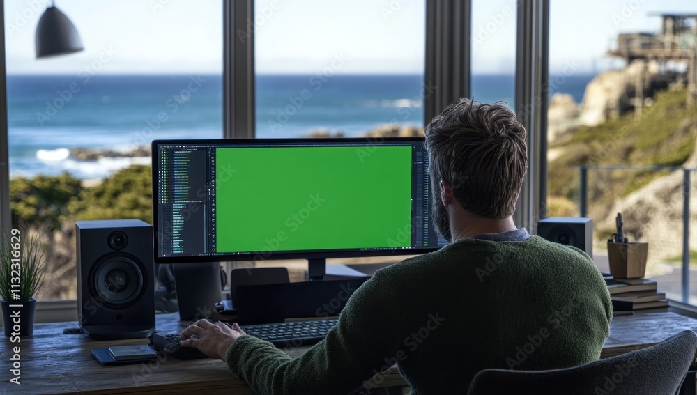 Poster Man working from home with ocean view, green screen on computer.