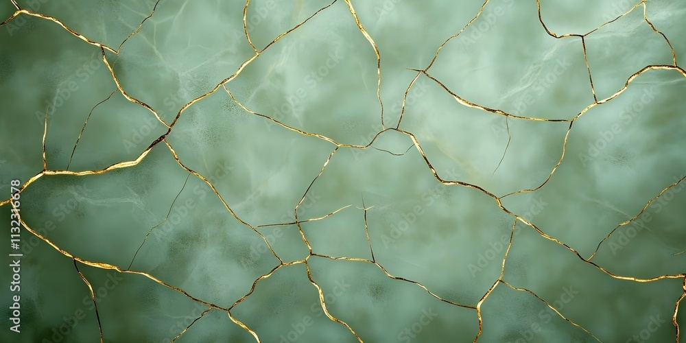 Poster a textured surface featuring a green background with intricate golden cracks running throughout. con