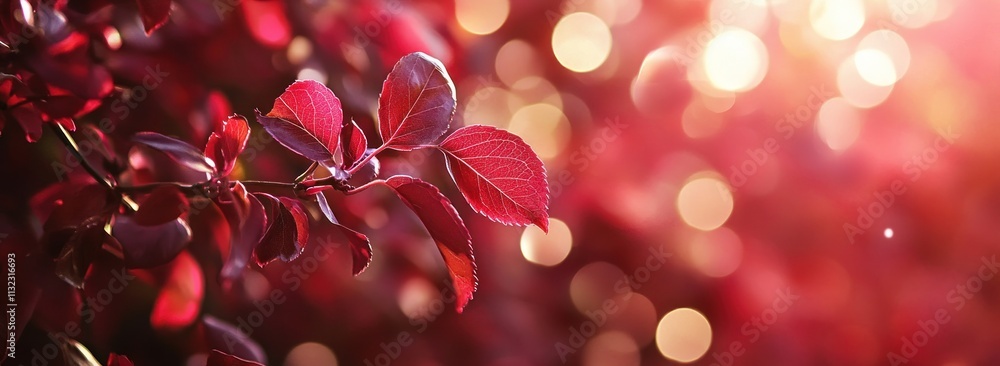 Aufkleber red autumn leaves on a branch with bokeh background.
