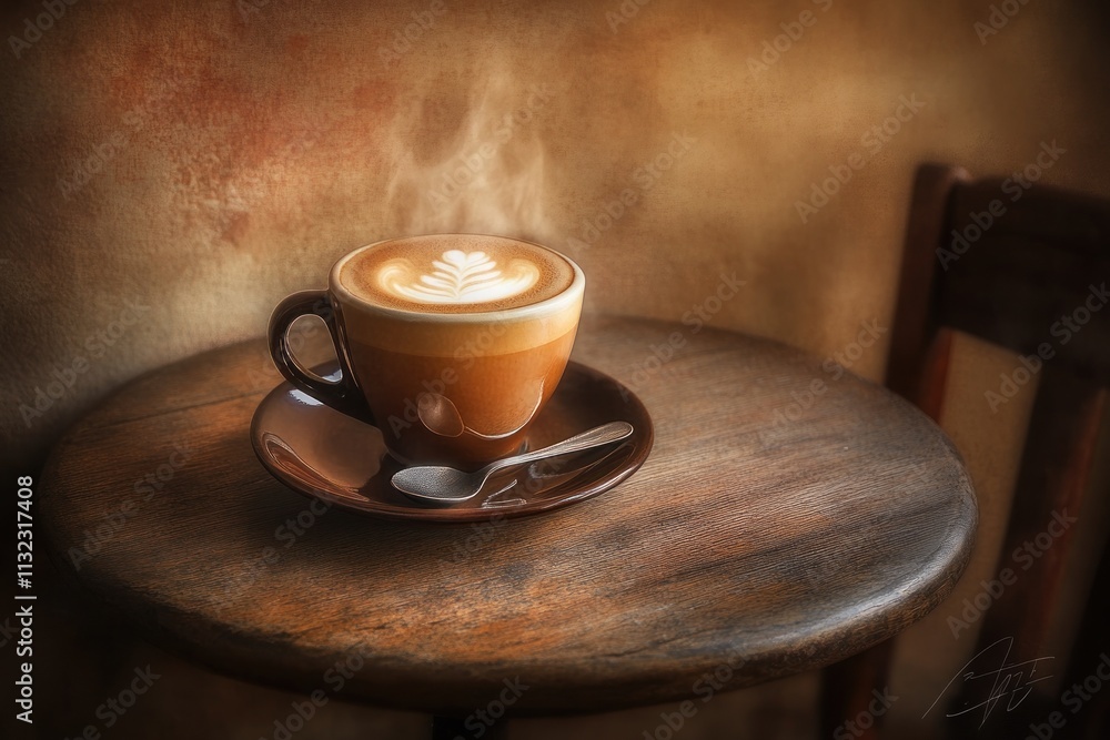 Poster steaming latte art in a brown cup on a rustic wooden table.