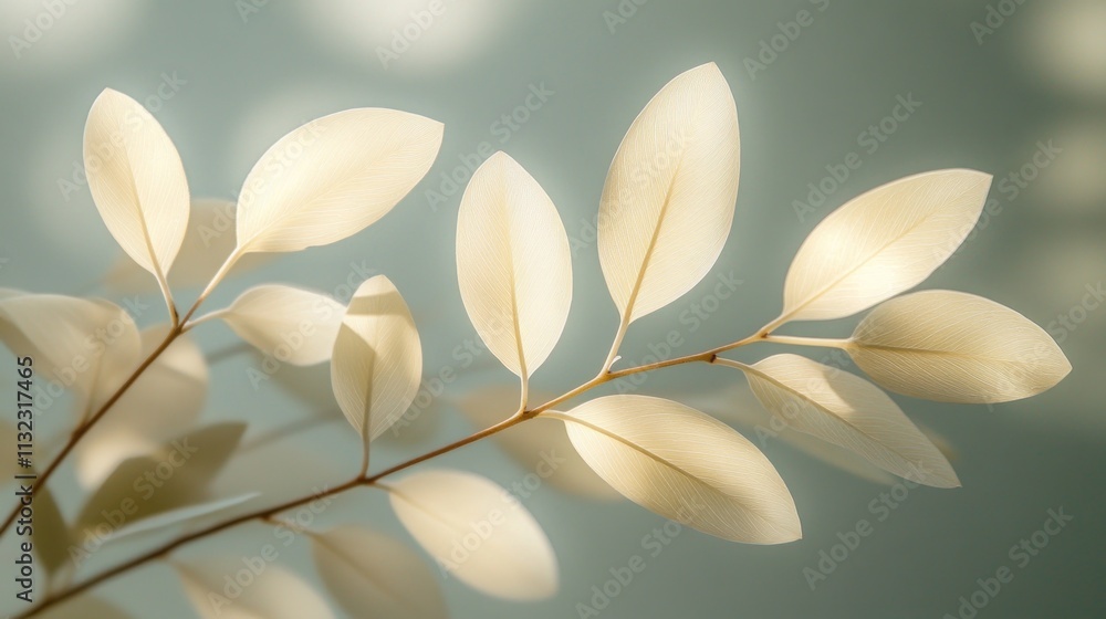 Poster delicate leaves illuminated by soft light, creating a serene and calming atmosphere.