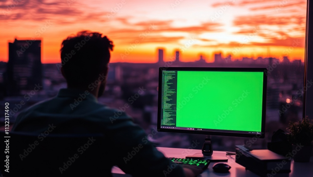 Aufkleber Man working on computer with green screen, sunset city view.