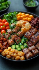 A Colorful and Flavorful Mediterranean Inspired Salad Bowl with Grilled Meat and Vegetables