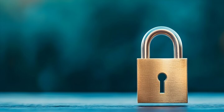 A shiny brass padlock set against a blurred blue-green background, highlighting its keyhole and sleek design. Concept Brass Padlock, Keyhole Focus, Blurred Background, Sleek Design, Color Contrast