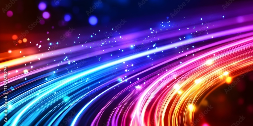 Poster a vibrant display of colorful light trails and sparkling particles creating a dynamic, abstract back