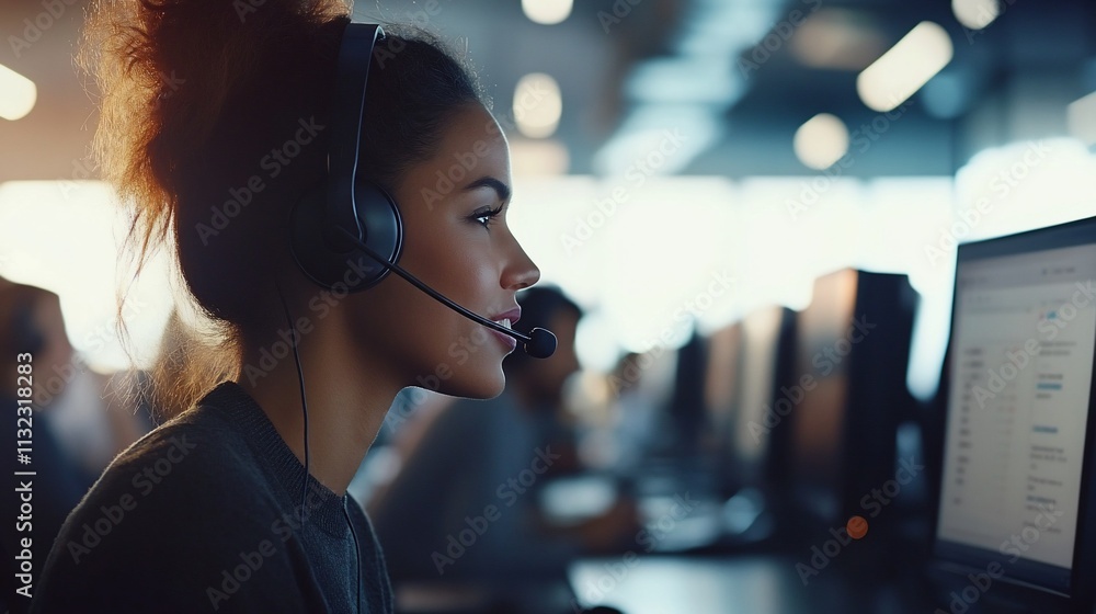 Poster a woman with a headset working at a computer in an office environment.