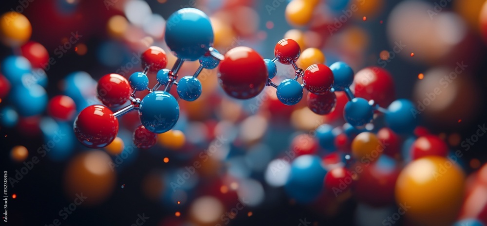 Poster abstract representation of molecular structures in vibrant colors.