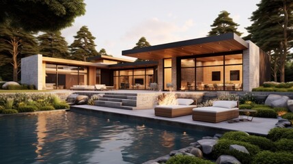 Obraz premium Modern Luxury Home With Pool And Fire Pit