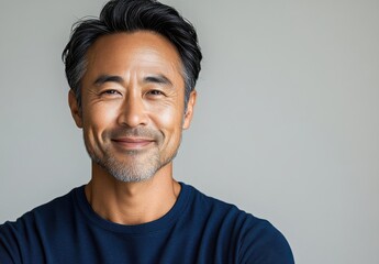 Fototapeta premium Smiling Middle-Aged Man with Short Dark Hair and Beard Against Neutral Gray Background Exuding Confidence and Approachability in Casual Attire
