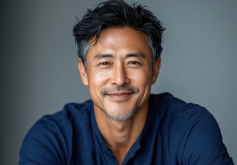 Obraz premium Smiling middle-aged man with salt-and-pepper hair, wearing a navy blue shirt, against a soft gray backdrop, exuding warmth and confidence in a light-hearted portrait.