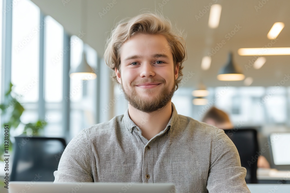 Poster smiling man at a modern office desk with a laptop, conveying positivity and professionalism in a bri