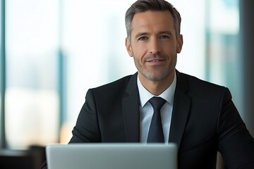 A confident businessman in a suit, seated at a desk with a laptop. Bright office background, showcasing a professional work environment.