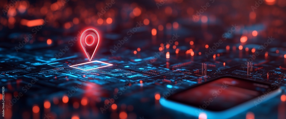 Poster digital map pin on a circuit board with a smartphone nearby.