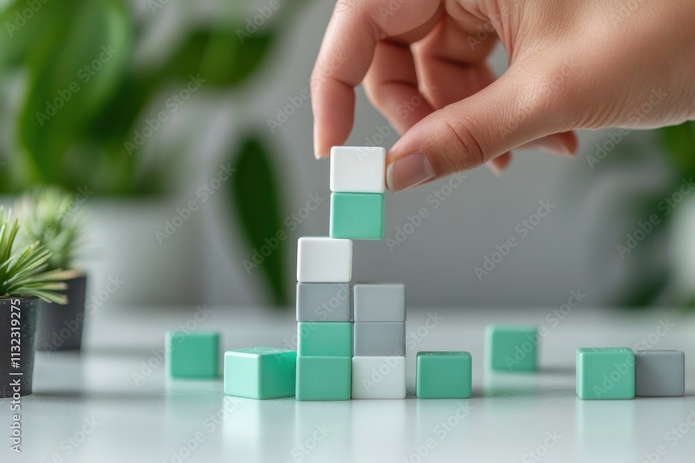 Poster Hand placing cube on growing stack of colorful blocks.