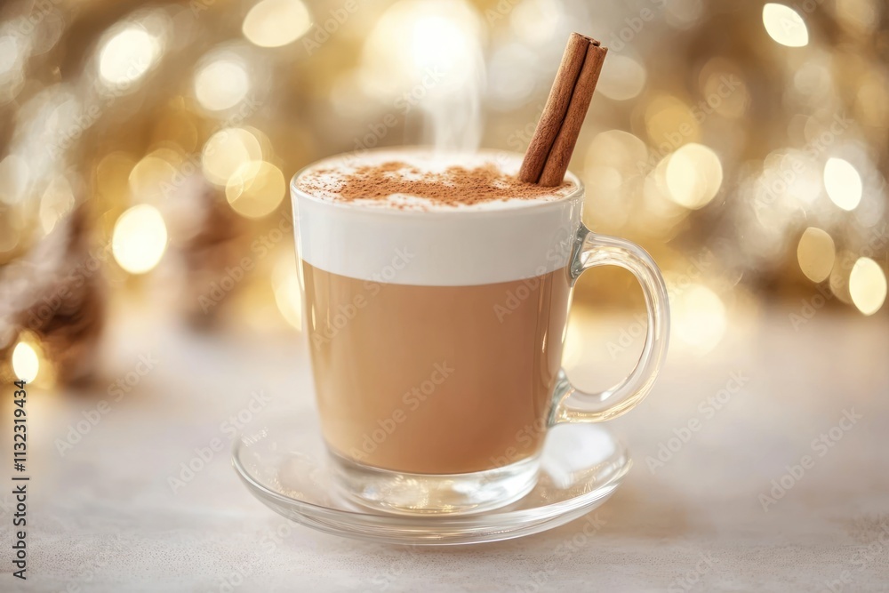 Poster steaming spiced latte in glass mug on saucer with cinnamon sticks, bokeh background.