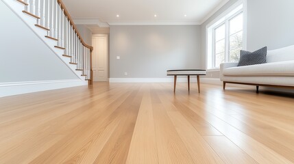 Obraz premium Modern living room with wooden flooring and a minimalist aesthetic, featuring natural light streaming through large windows.