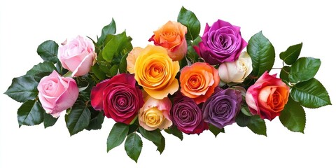 Naklejka premium Vibrant rose flower bouquet featuring colorful blooms and lush green leaves, beautifully presented in a cutout style against a pristine white background. Perfect for floral themed designs.