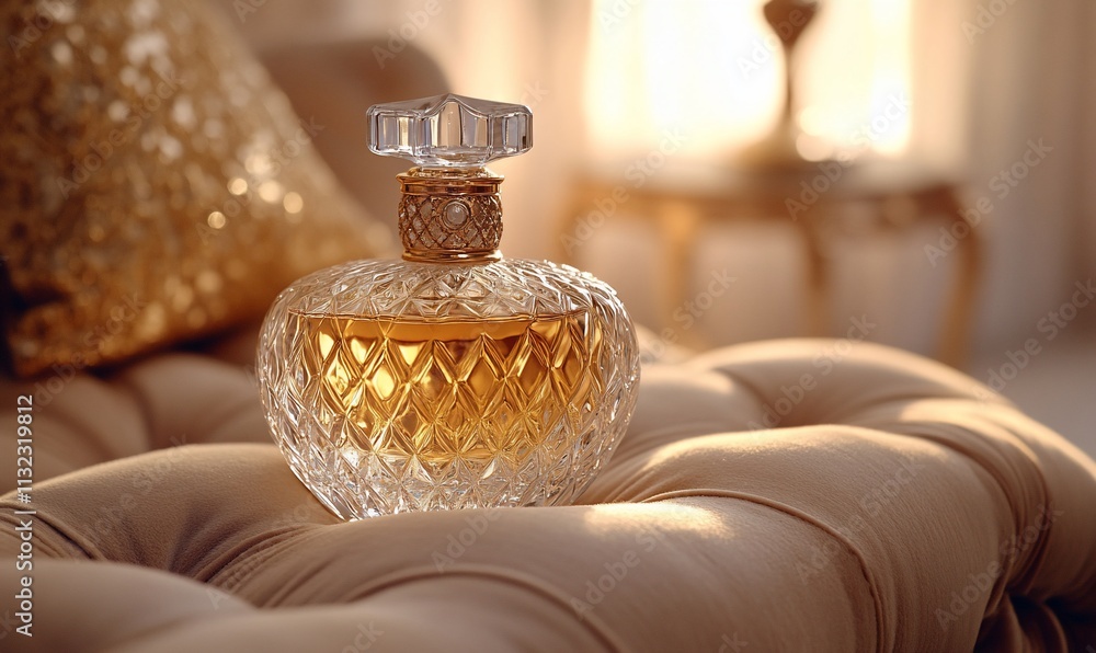 Poster elegant crystal perfume bottle resting on a plush surface, illuminated softly.