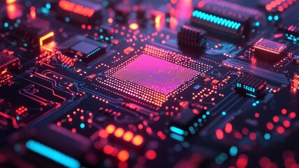 Obraz premium A vibrant, close-up view of a circuit board featuring colorful lights, showcasing intricate electronic components and a futuristic design.