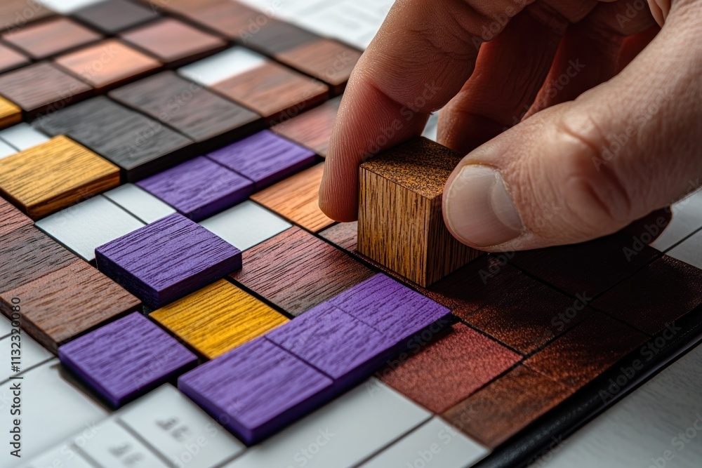 Poster Hand placing wooden block on color-coded game board.