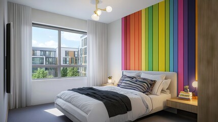 Fototapeta premium Modern Bedroom with Colorful Accent Wall and Natural Light