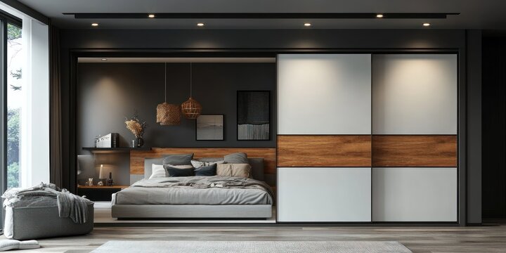 Modern bedroom with sliding wardrobe, wooden accents, and large window.