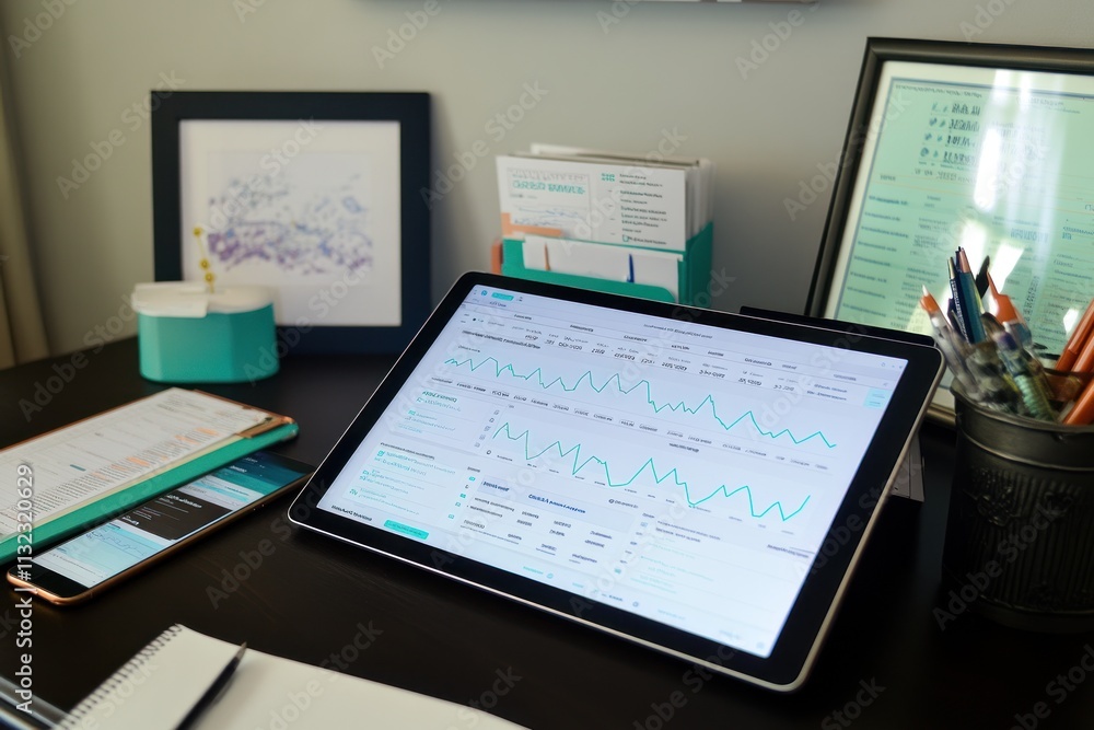 Aufkleber Tablet displaying data graphs on a desk with stationery.