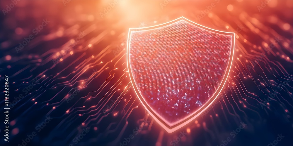 Poster a glowing digital shield symbolizing cybersecurity and protection, set against a backdrop of abstrac