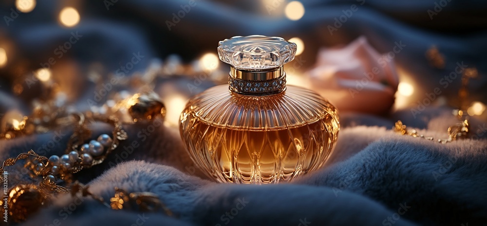 Poster elegant perfume bottle surrounded by soft fabric and twinkling lights.