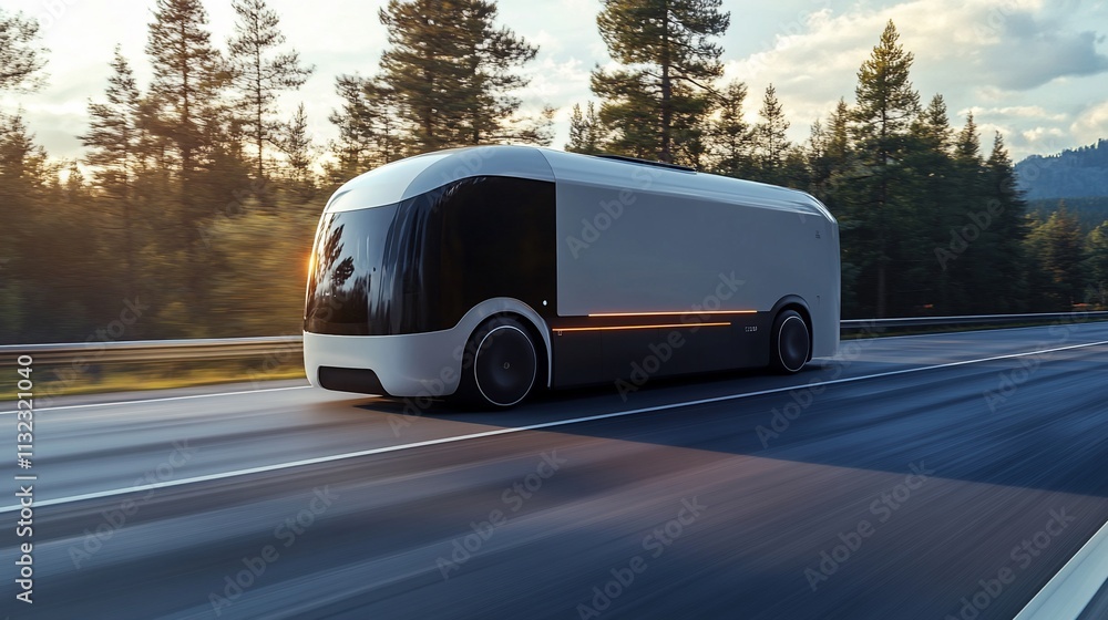 Poster futuristic autonomous delivery vehicle on a highway surrounded by trees.