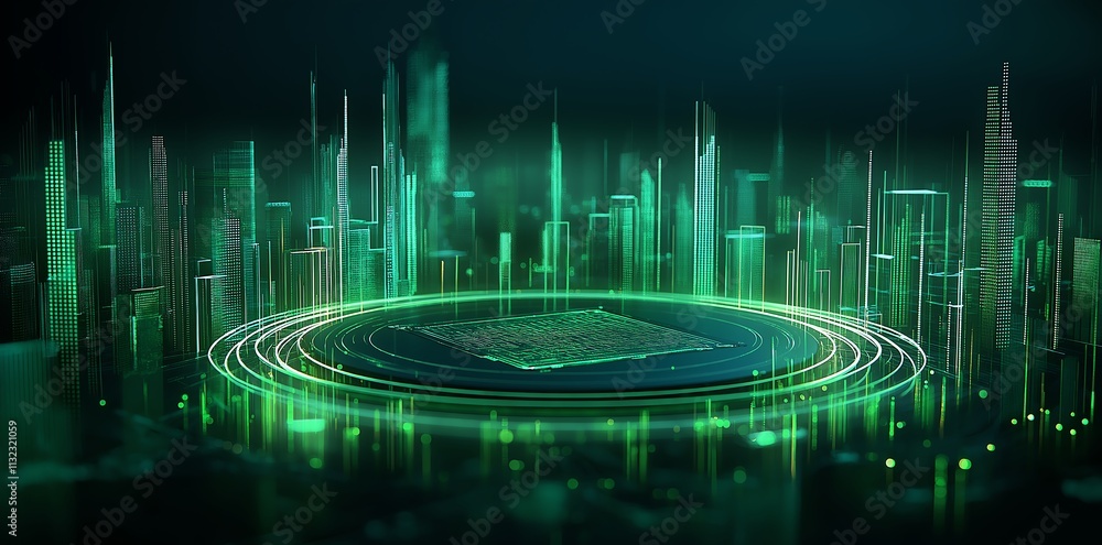 Poster futuristic digital cityscape with green glowing elements and abstract architecture. high-tech vision