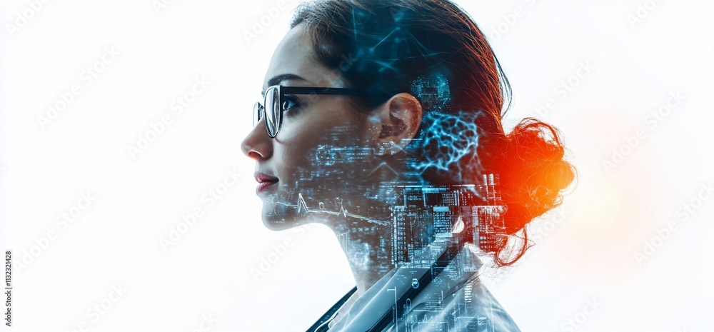 Poster profile of a woman with a digital overlay representing technology and science.