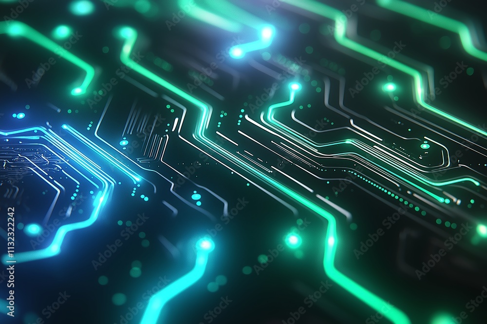 Poster close-up view of an illuminated circuit board showcasing intricate pathways and glowing lights, repr