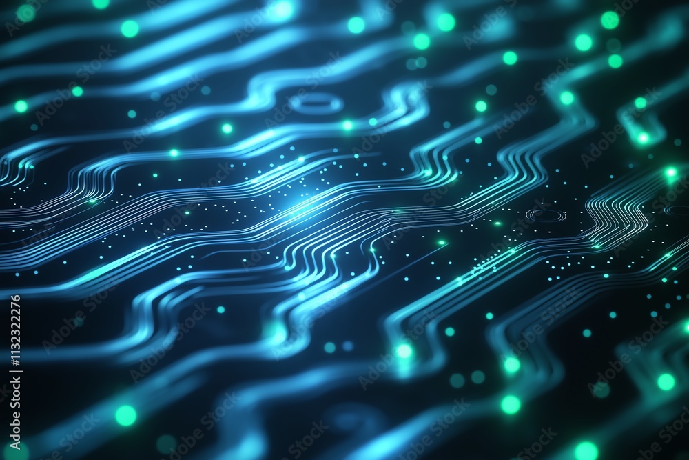 Poster a futuristic digital circuit board pattern illuminated with glowing green and blue lights, represent