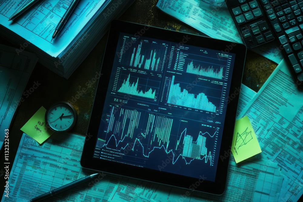 Poster tablet displaying financial data graphs surrounded by paperwork and office supplies.
