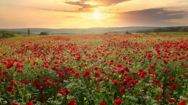 Slowly tracking shot of big red booming meadow of spring poppies at the sunset. HDR nature landscape video scene. Beautiful flowers and spring natural composition.