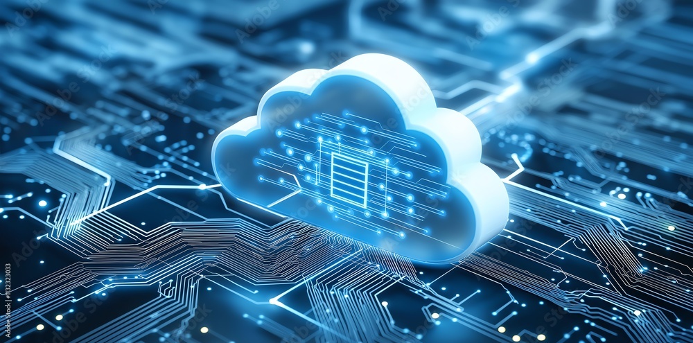 Poster digital cloud hovering over a circuit board, representing modern data storage and the integration of